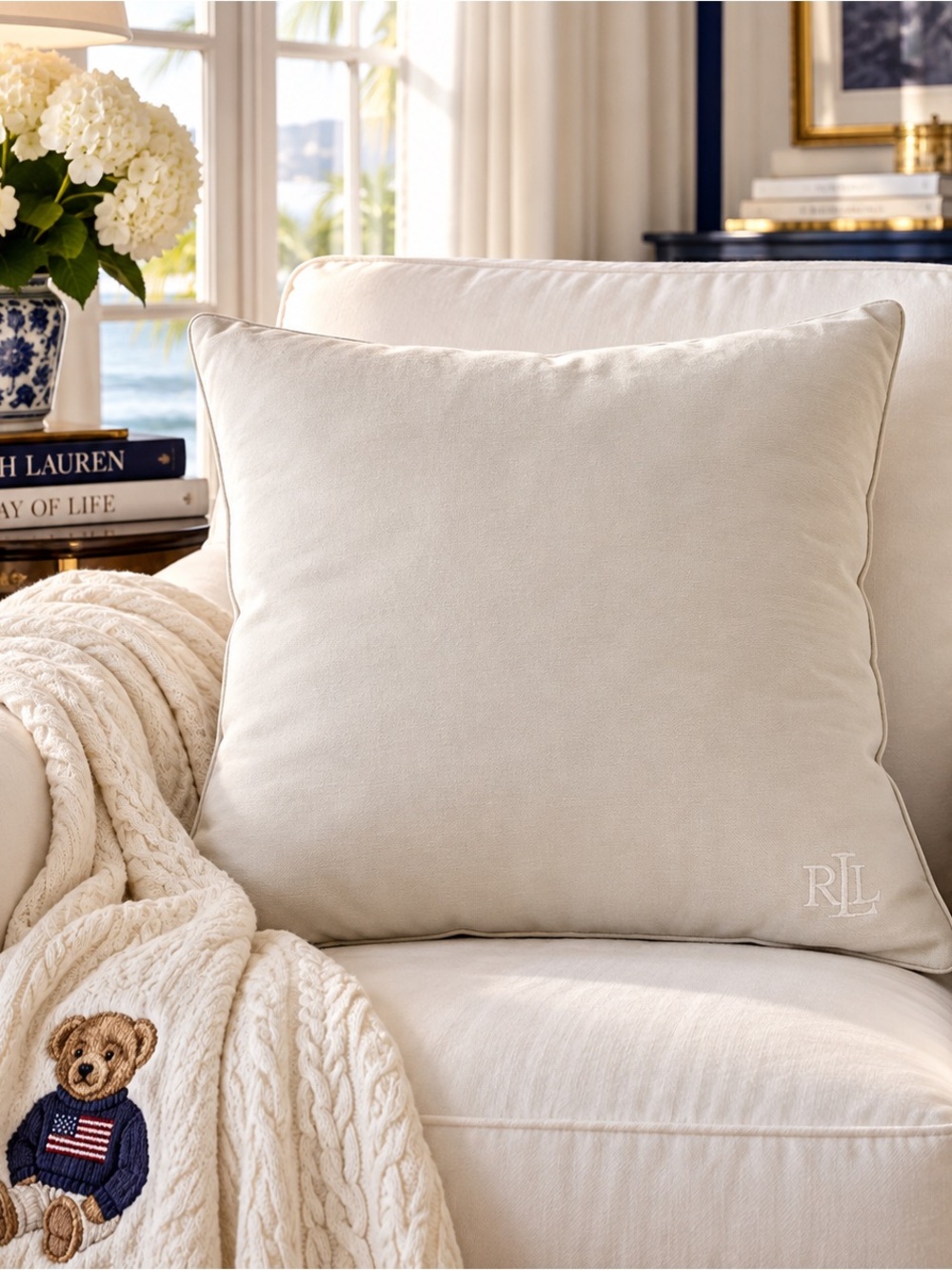 Lauren Ralph Lauren RLL Logo Euro Pillow Sham 26x26 Beige Cotton Zip Cover